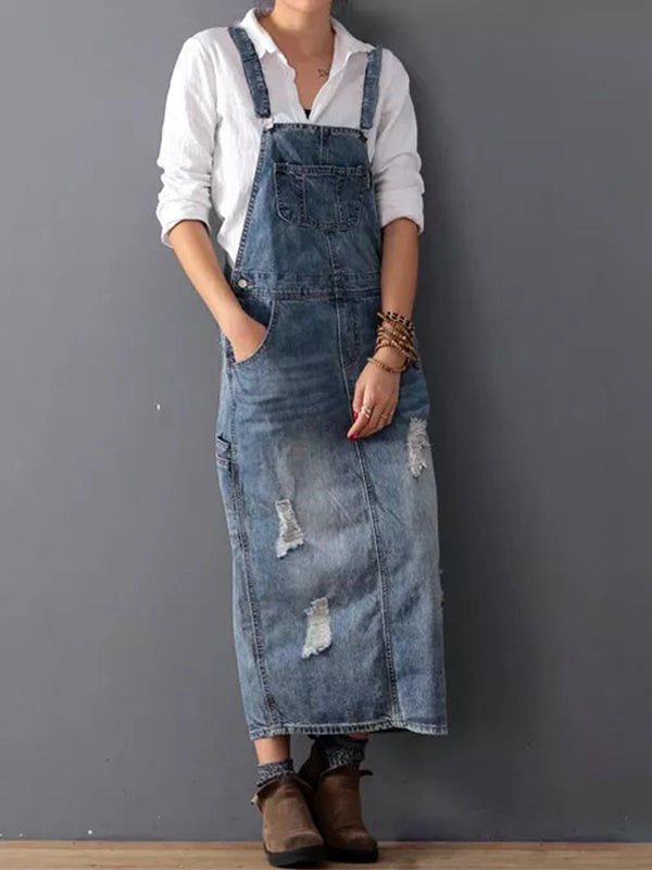 Grace™ - Denim Dungaree Dress with Back Split