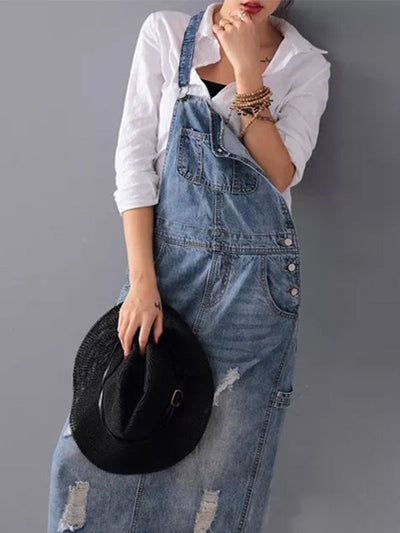 Grace™ - Denim Dungaree Dress with Back Split