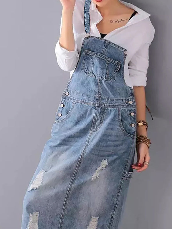 Grace™ - Denim Dungaree Dress with Back Split