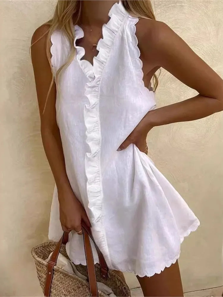 Lucy™ - Casual Linen White Summer Dress with V Neck and Ruffles