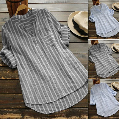 Mila™ - Cotton Linen Striped Long Sleeve Shirt