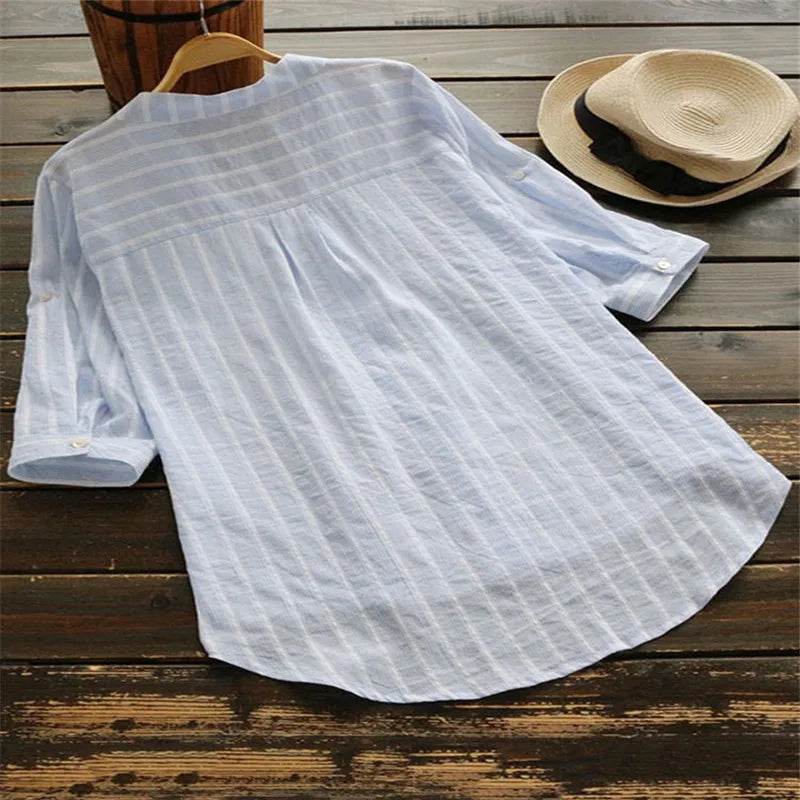 Mila™ - Cotton Linen Striped Long Sleeve Shirt